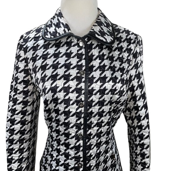 New Escada Large Houndstooth Print Silk Blend Jacket Ger 36 Leather Pockets - Picture 3 of 13